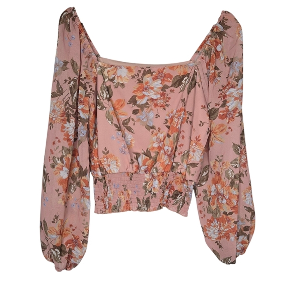 Peach Love California Pink Floral Square Neck Smocked Crop Blouse Size Large - Picture 1 of 8